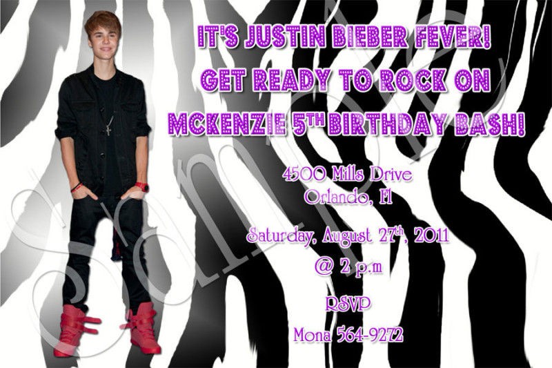 Justin Bieber Zebra Print Pattern Photo Custom Birthday Invitations 