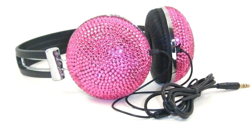   Pink Crystal Rhinestone Bling DJ Over Ear Headphones Headset Earphones