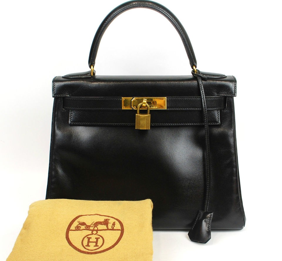 Authentic Hermes KELLY 28 Black Box Calf Leather Gold HW Hand Bag 