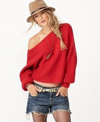 Free People Horizontal Rib Cropped Pullover Top in Cherry Red Size L 