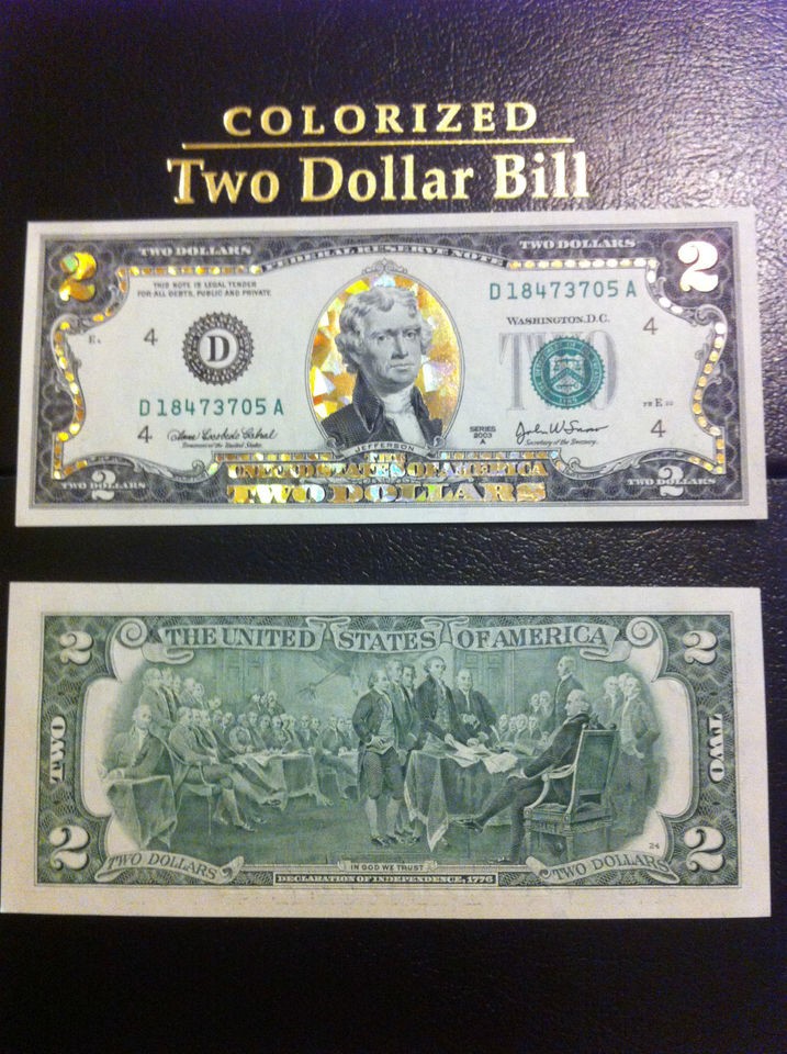 22 K GOLD 2 DOLLAR BILL HOLOGRAM COLORIZED USA NOTE LEGAL CURRENCY 