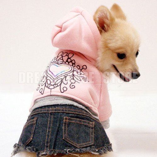 Pink Hoodie Heart Jeans Denim Dress Skirt Dog Clothes Apparel 5 Size