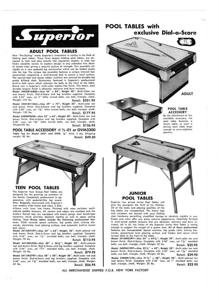   AD SUPERIOR BILLIARDS POOL TABLES, TABLE TENNIS TABLES, POKER TABLES