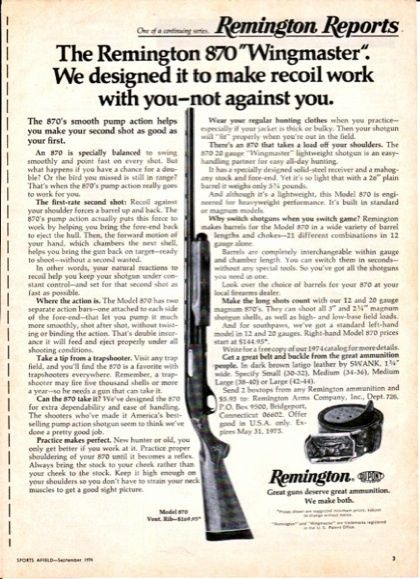 Remington 870 Wingmaster Shotgun 1974 Print Ad