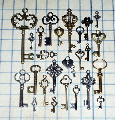   old look skeleton key lot pendant heart bow charm lock craft jewelry