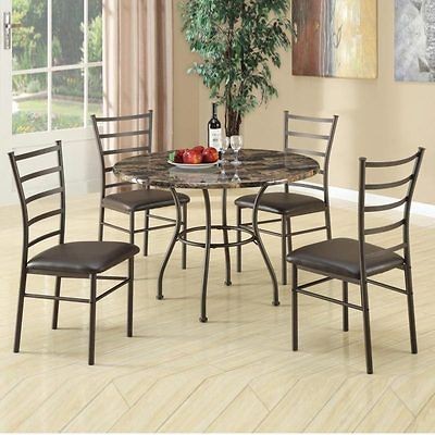   Piece Casual Brown Dining Set w/ Faux Marble Top Round Table 4 Chairs