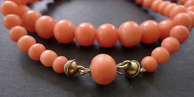 Vintage Salmon Red Coral 18K Gold Necklace Graduated Bead Antique 
