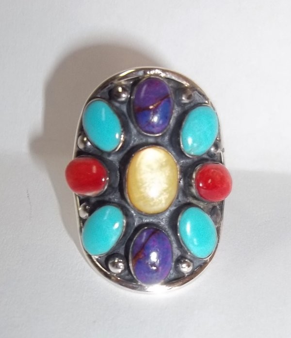   Sterling Silver Turquoise Coral multi Stone SADDLE Ring Size 6.5