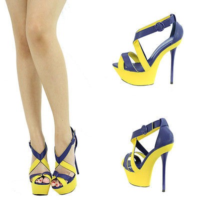 navy blue and yellow pumps