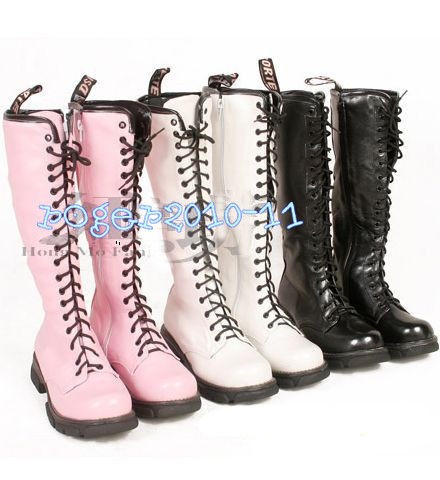 Womens Low Heel Lace Up Punk Knee High Boots Side Zip Shoes US All 