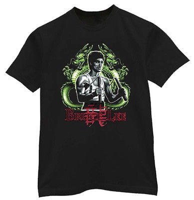 Bruce Lee dragons green dragon design mens black t shirt tee shirt