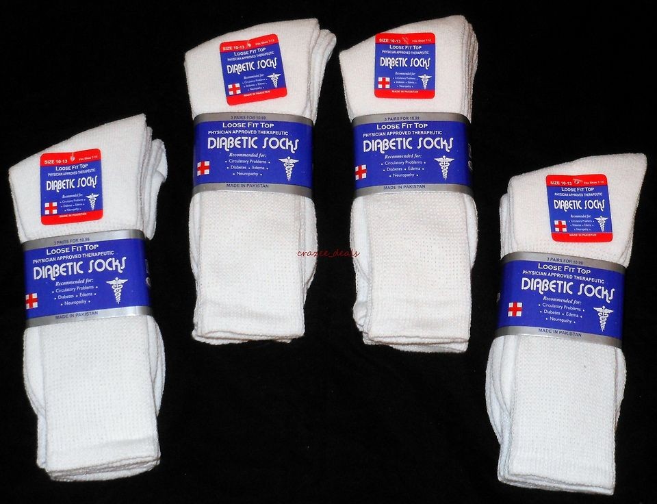 Lot Of 6 Pair White Diabetic Socks Crew Style, MEN Size 10 13 NEW