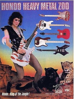 HONDO GUITAR PINUP PRINT AD Heavy Metal Zoo SEXY vtg 80s GIRL Black 