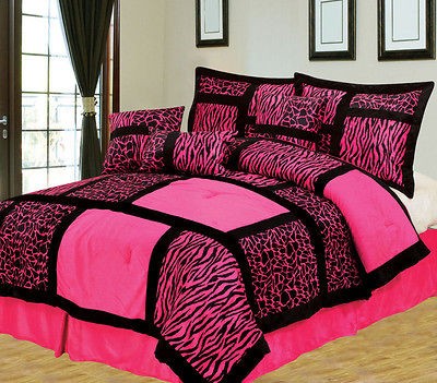 7Pcs King Safari Pink and Black Patchwork Micro Suede Comforter Set