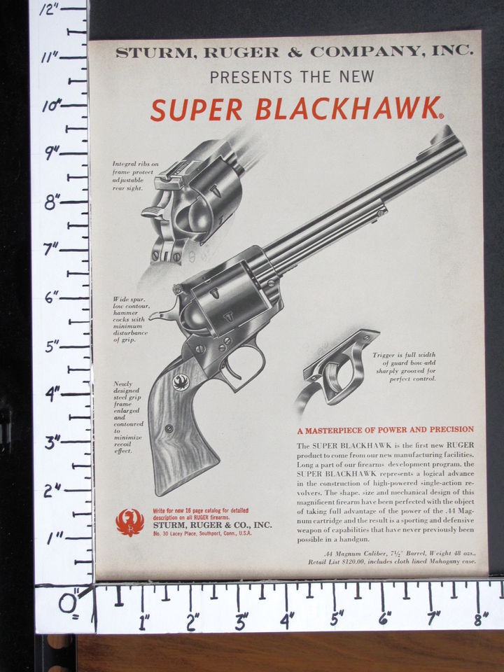 1959 RUGER debut New 44 Magnum SUPER BLACKHAWK Revolver magazine Ad 