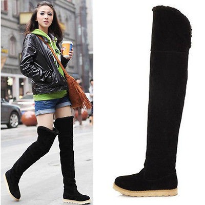 Womens thigh high over knee pull on flat boots shoes faux suede black 
