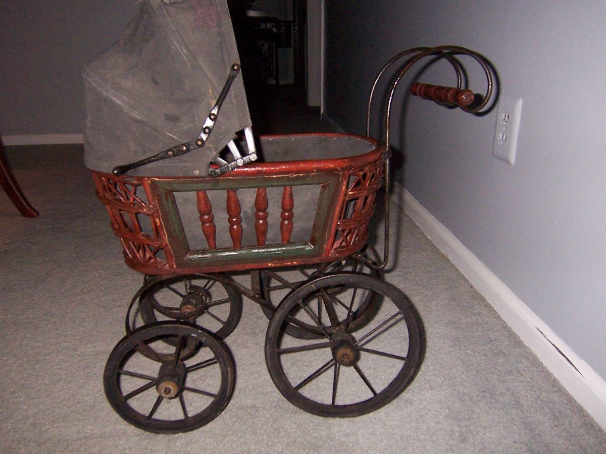 Vintage Antique Doll Carriage Baby Buggy Pram Wood Wicker Metal