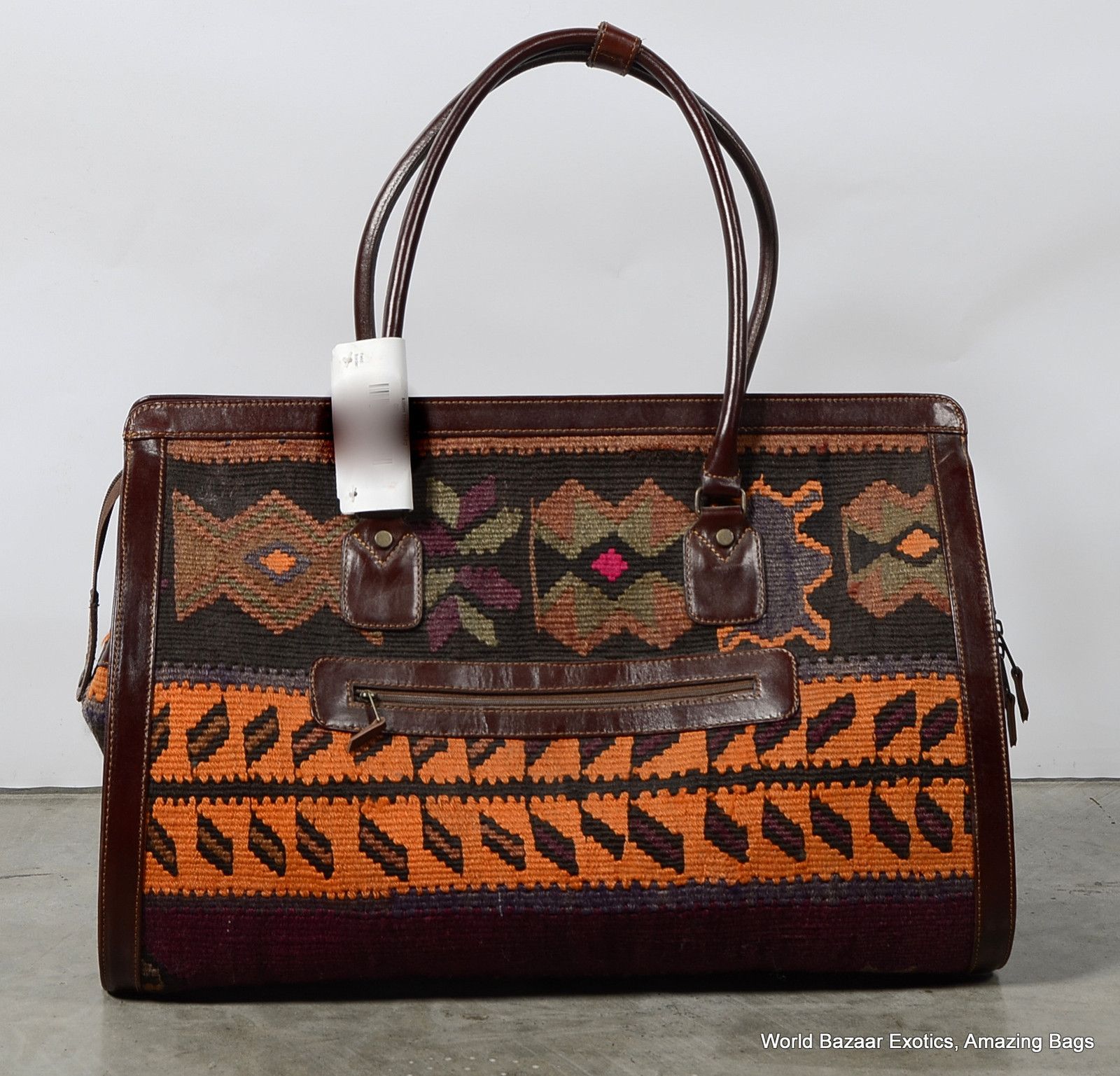 Large Travel Hand Bag Old Kilim w Top Quality Leather Handmade in 