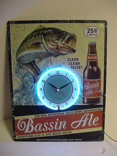 Bassin Ale Beer Bar Tin Metal Neon Sign Clock Fishing
