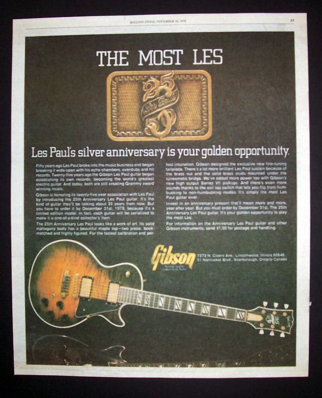 Gibson Les Paul Silver Anniversary Guitar 1978 Poster Type Advert 
