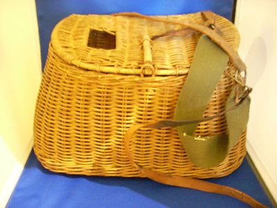 Antique Split Willow Fishing CREEL BASKET Wicker Fly Fishin basket