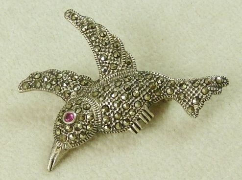   Marcasite Sterling Silver Bird Brooch with Ruby Eyes 