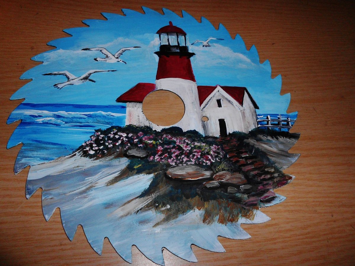  Hand Painted 10 inch Metal Saw Blade Lighthouse