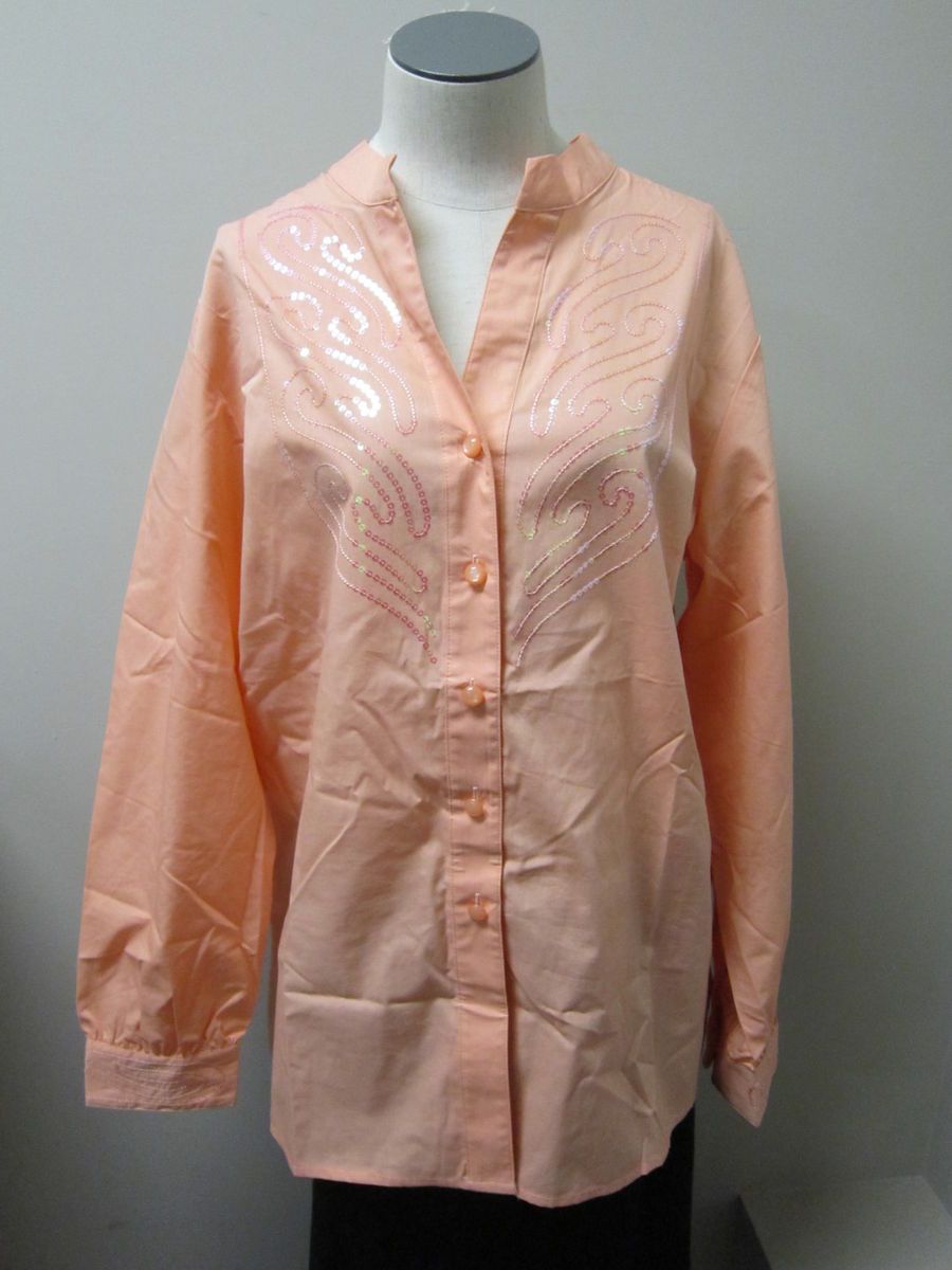 Bob Mackies Sequin Bib Tuxedo Cotton Shirt Peach L