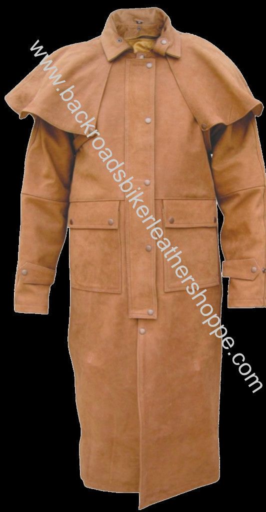  Mens Brown Leather Biker Duster Trench Coat Jacket
