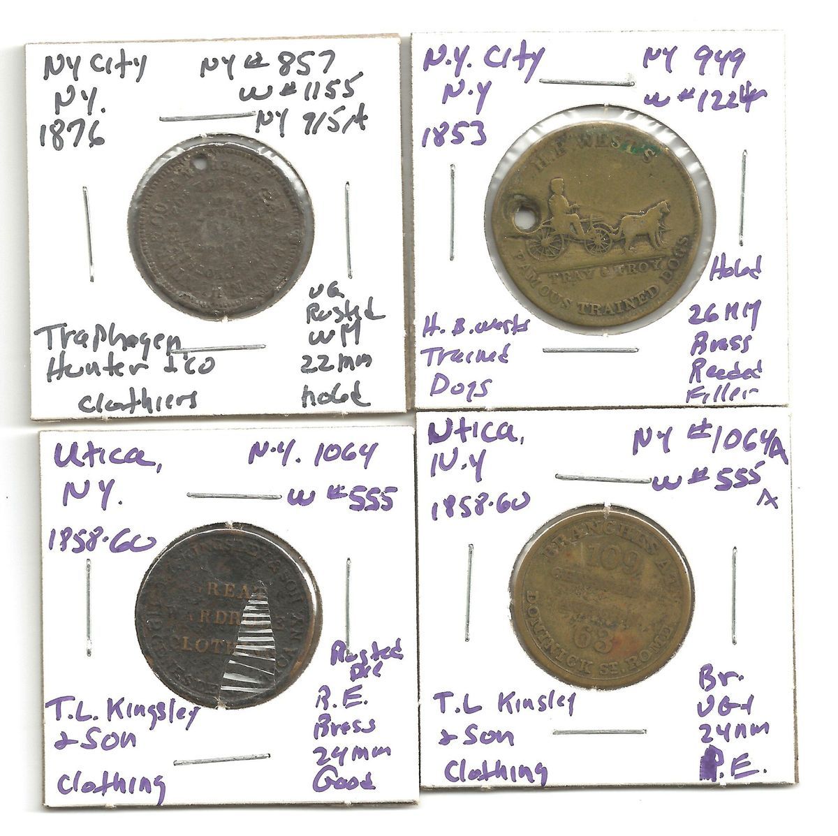 New York Merchant Tokens Lot of 4 1850s to 1876 Cheap