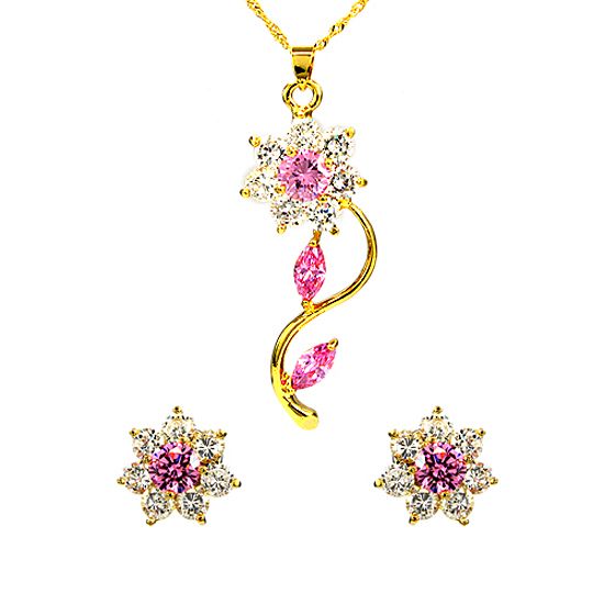 Wedding Jewelry Set 18K Yellow Gold Plated Pink Amethyst Pendant 