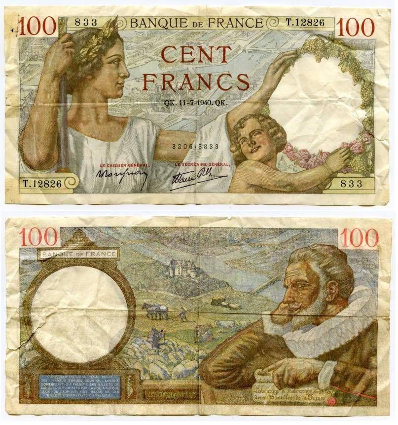   1940 France 100 Francs Banknote P94 Woman Child Maximilien de Bethune