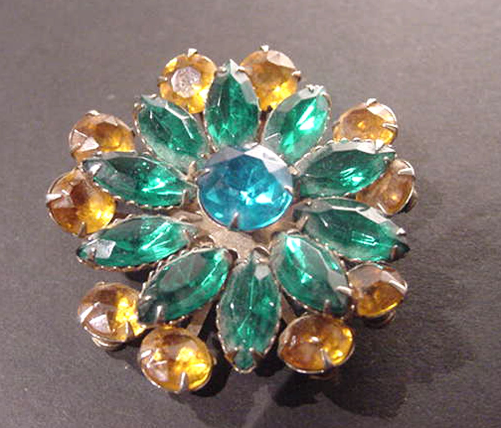   Lee Large Blue Green Topaz Floral Rhinestone Brooch Pin Signed