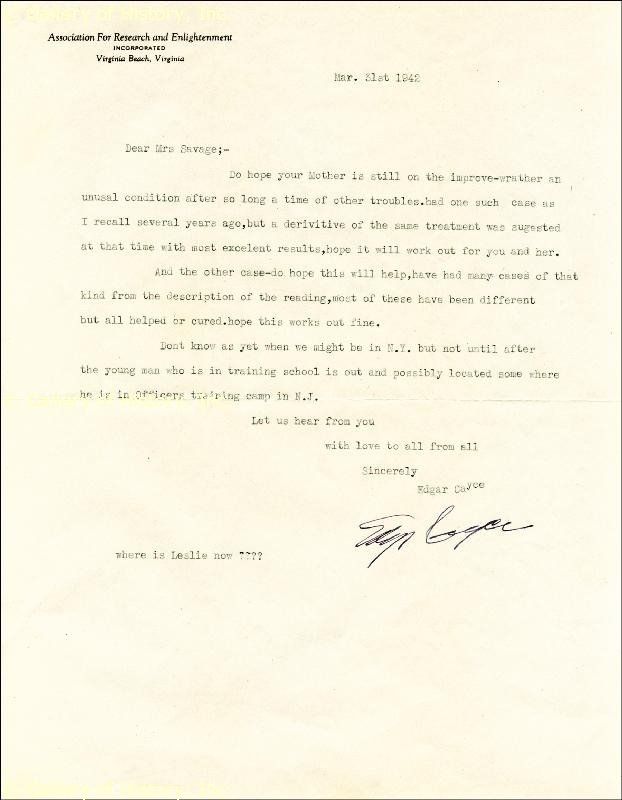 Edgar Cayce Typed Letter Signed 03 31 1942