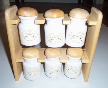 Vtg 6 Piece Ceramic Pottery Counter Top Kitchen Cooking Wood Spice