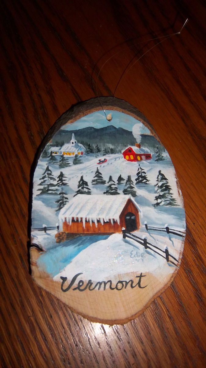 Vermont Wood Painting Covered Bridge Stream Barn Steeple Snow Mountain