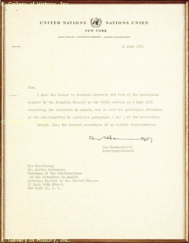 Dag Hammarskjold Typed Letter Signed 06 12 1961