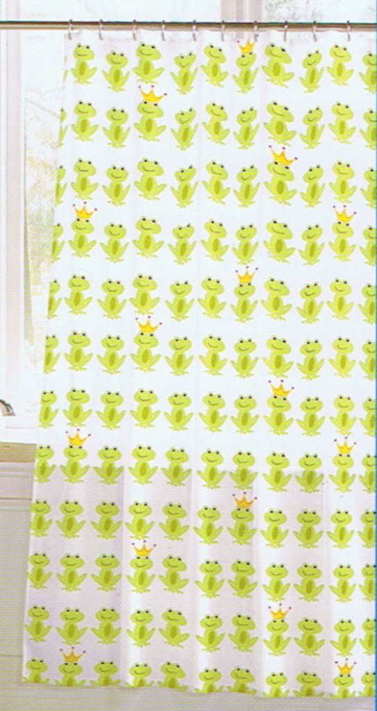 Crystal Bay Frog Prince Green Gold Crown White VINYL SHOWER CURTAIN