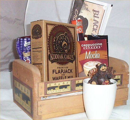  Breakfast Gift Basket Wood Crate Pancake Bear Figurine Bacon Coffee