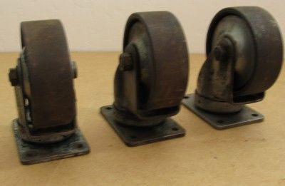 Vtg 50s Darnell Casters Swivel Wheels Set of 3 Cast Iron Industrial