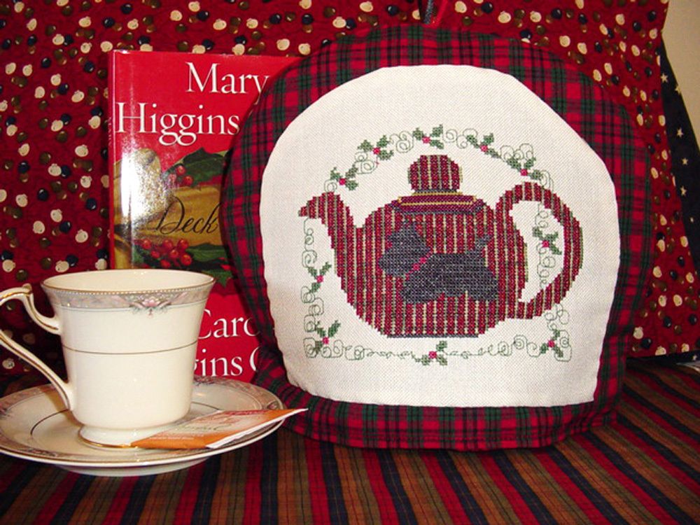 Black Scottie Dog Cross Stitch Pattern Christmas Red Plaid Teapot Tea