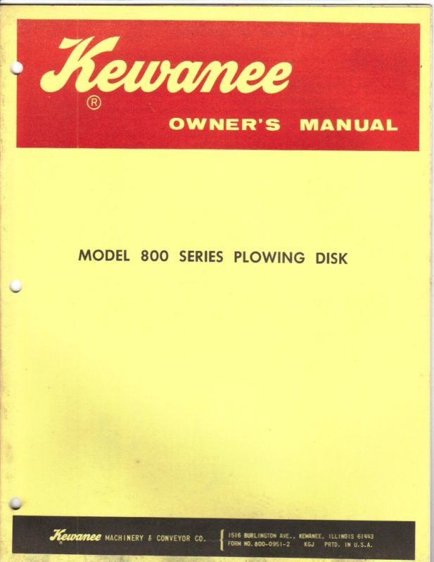  Kewanee Model 800 Series Plowing Disk Owners Manual