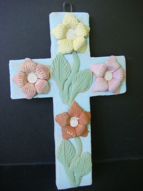 Dolores Porras Mexican Folk Art Ceramic Flower Relief Cross 7 1 2