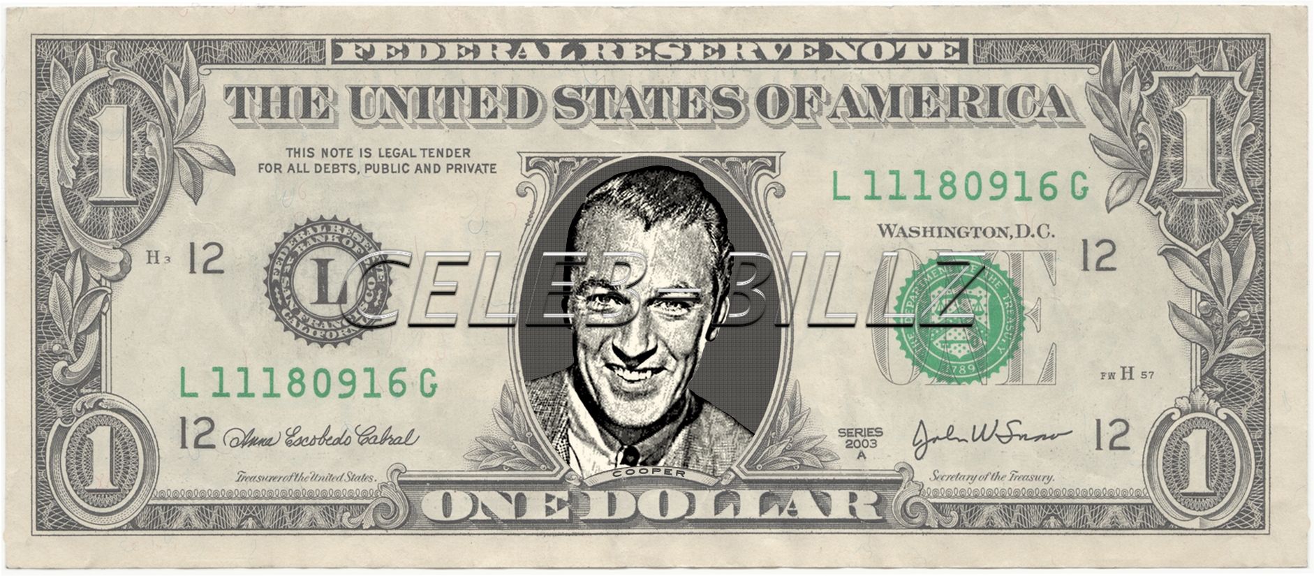 Gary Cooper Dollar Bill Mint Real $$ Celebrity Novelty Collectible