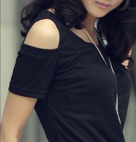  Lady Strapless Round Neck Short Sleeve T Shirt Top Blouse