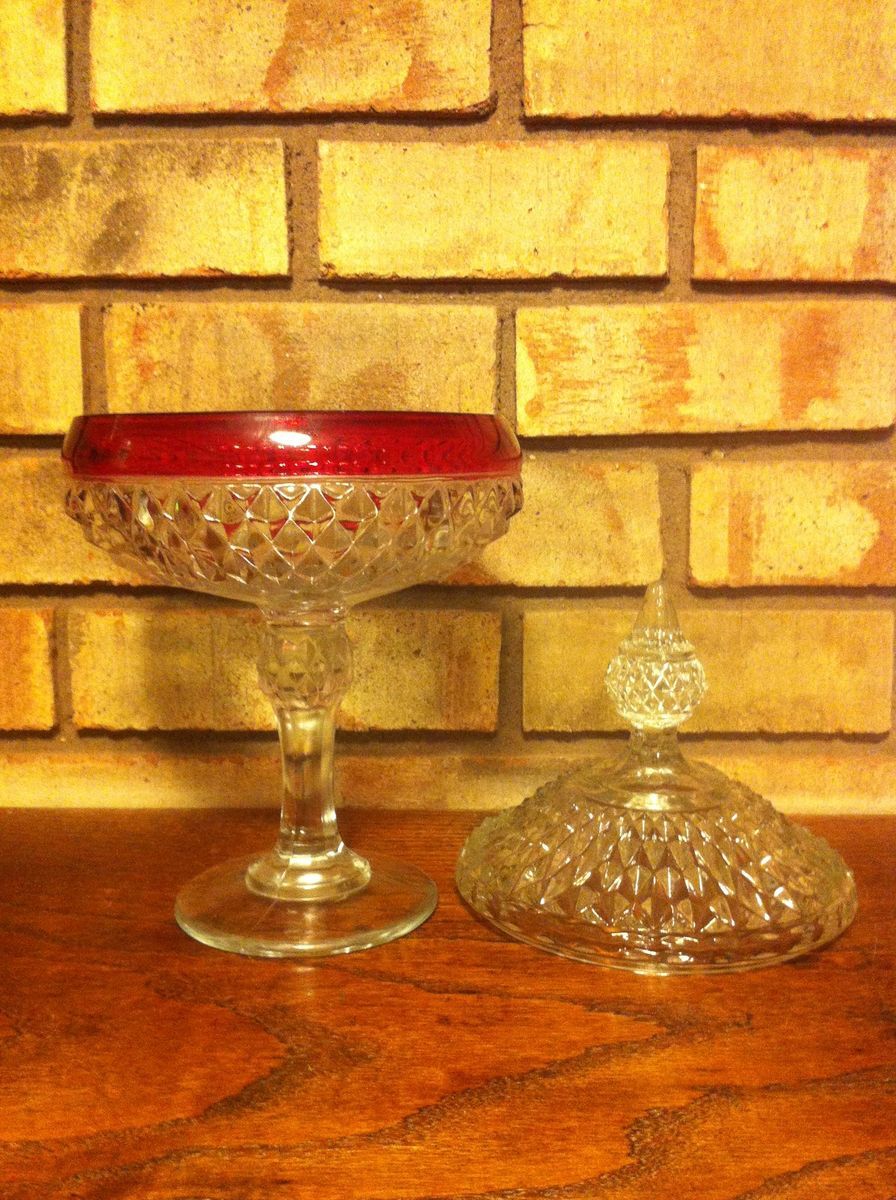  Glass Candy Dish w Ruby Stain Band Carnival Diamond Point