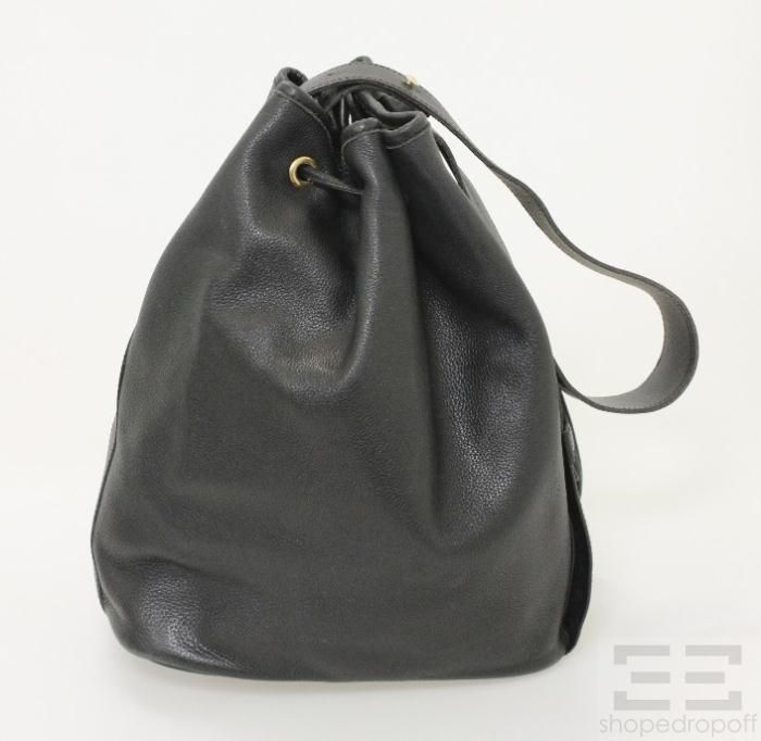 Longchamp Vintage Black Leather Drawstring Bucket Bag