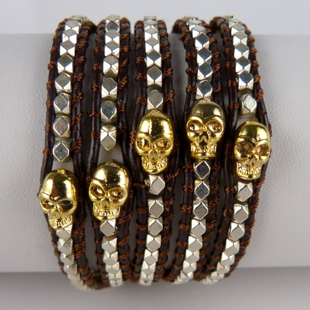 Chan Luu Silver Gold Skull Brown Leather Wrap Bracelet