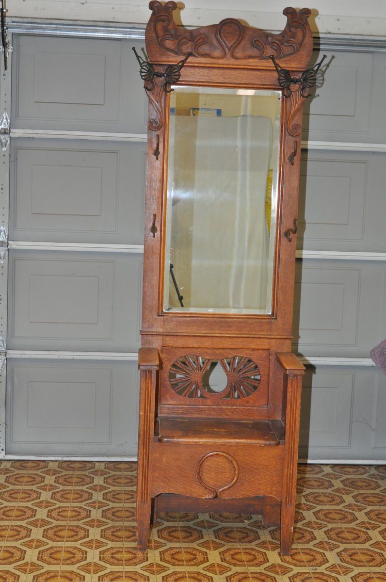 Antique Oak Entry Hall Tree With Storage Bench Beveled Mirror