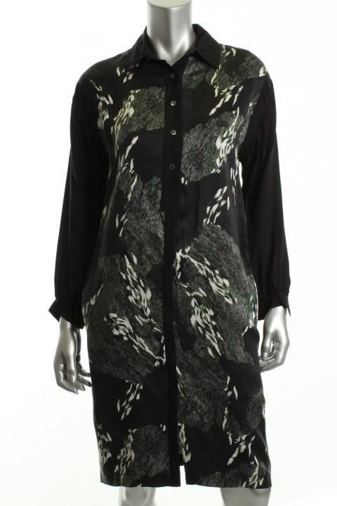 EDUN Black Silk Marble Print Casual Shirt Dress M BHFO